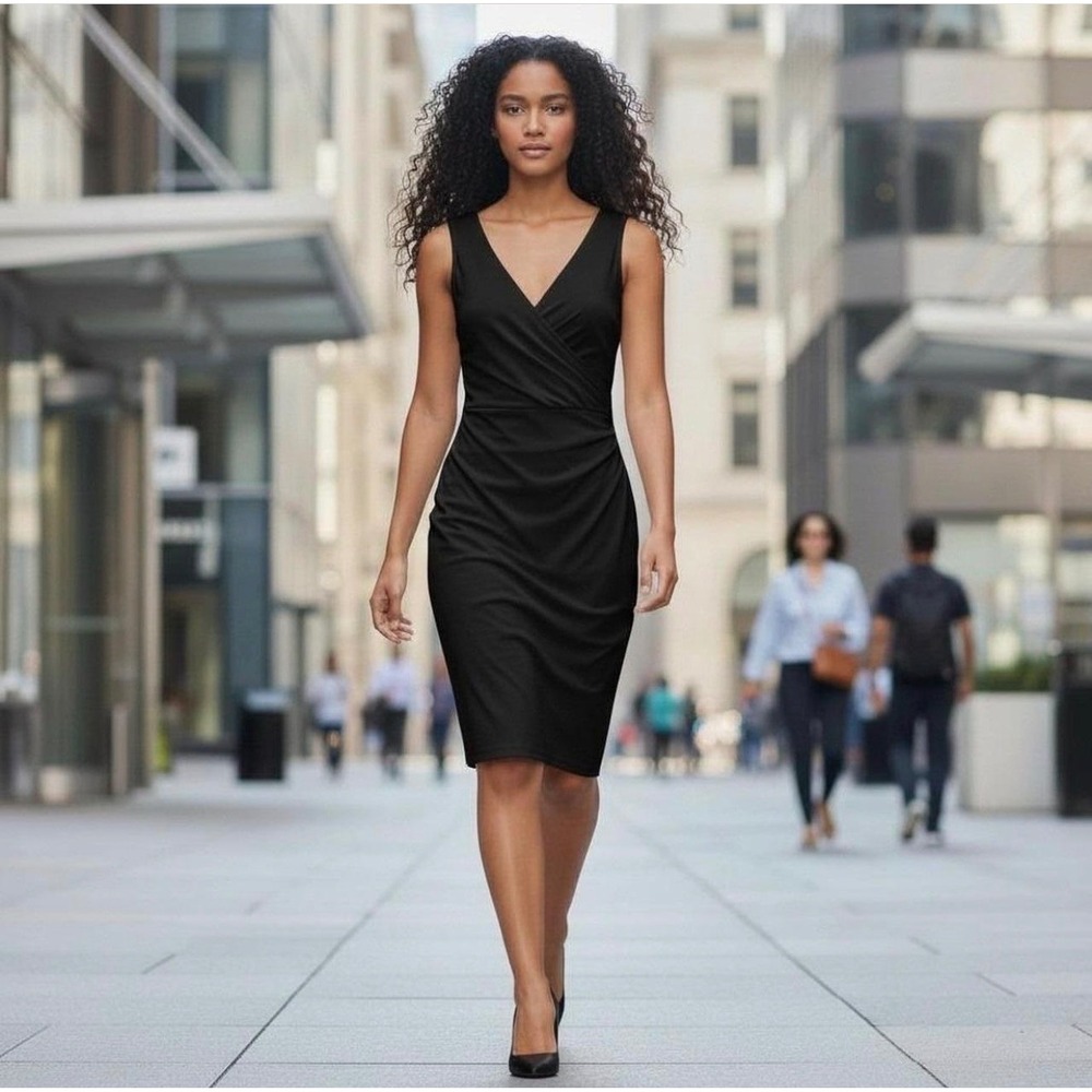Jones New York Small Dress Black Sleeveless Surplice Draped Sheath Dress‎